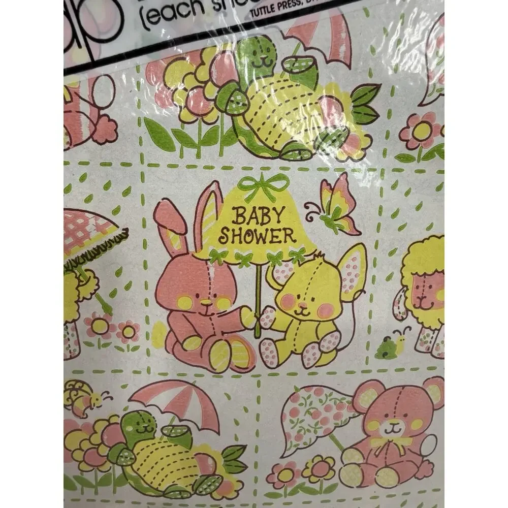 Vintage Baby Shower Gift Wrap Turtle Press 70’s 80’s Animals NOS Sealed 2 Sheets